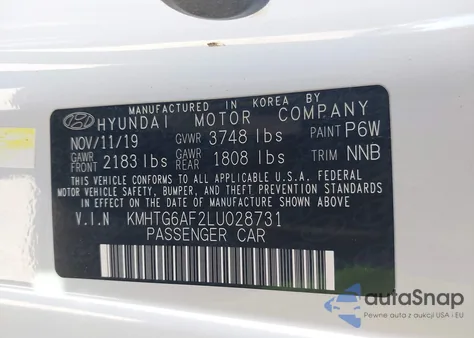 2020 Hyundai Veloster 2.0 Premium z USA, uszkodzony, nr VIN KMHTG6AF2LU028731